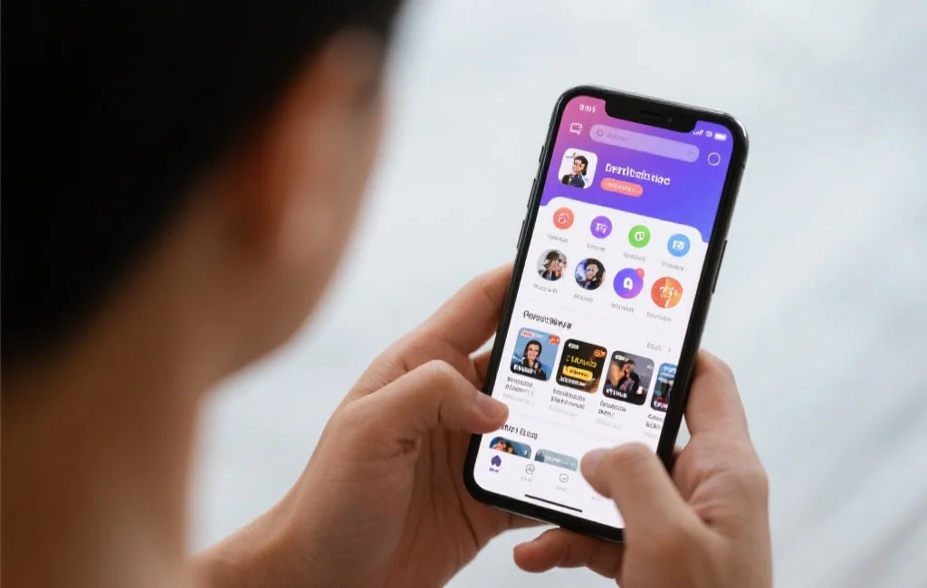 用户在智能手机上使用娱乐类APP,屏幕显示个性化推荐内容和活跃社区互动