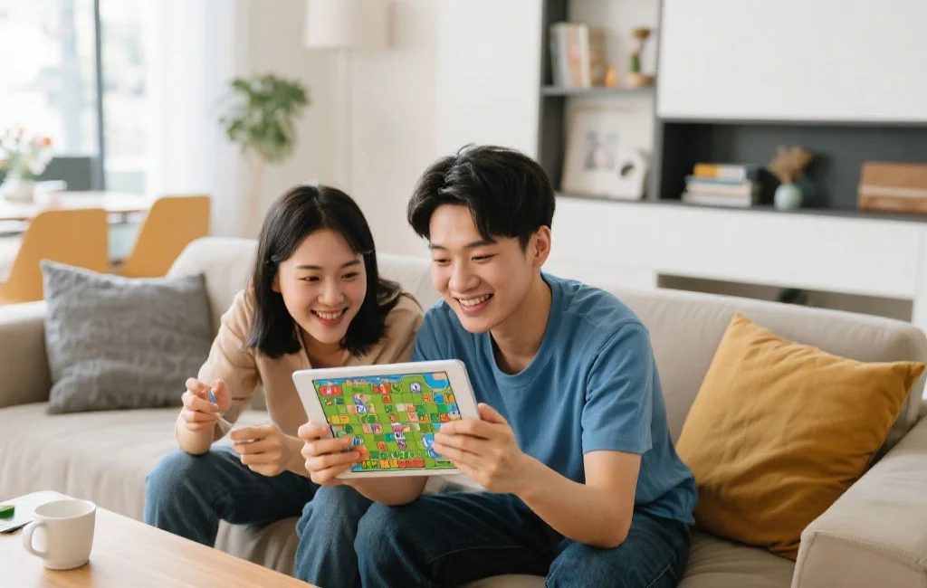 年轻用户在现代家庭环境中使用平板电脑畅玩各类休闲与策略游戏,气氛轻松愉快